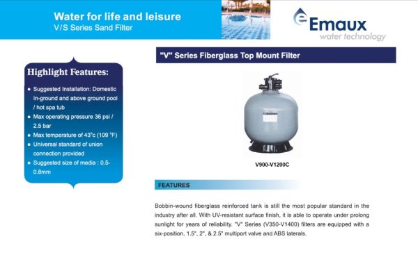 EMAUX V900 FIBERGLASS TOP MOUNT SAND FILTER 36″ DIA 2.0″ MPV -0.64m2 - Image 2