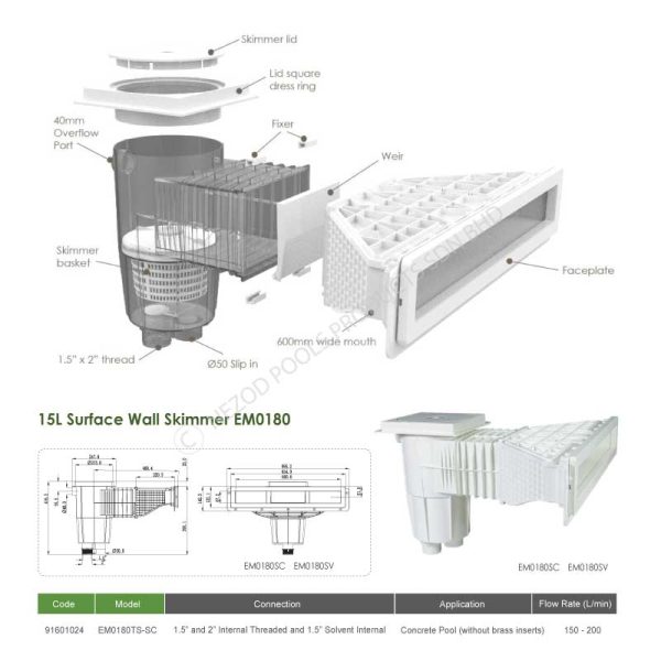 EMAUX EM0180-TS-SC Surface Skimmer Box (Concrete Pool) – 2.0inch / 1.5inch connection - Image 6